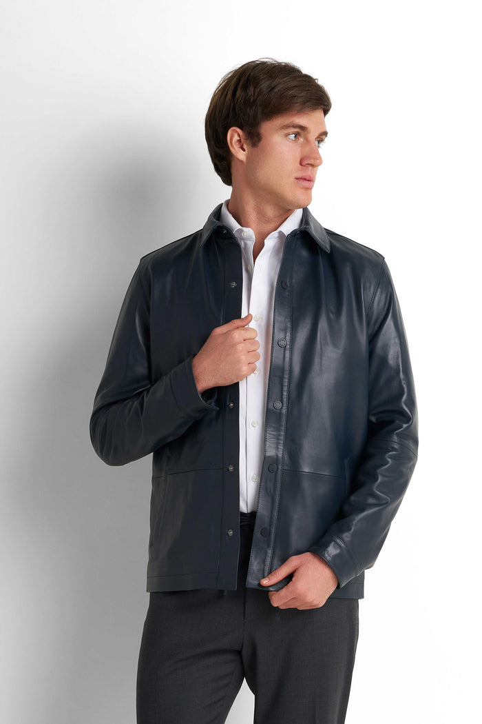 Faux Leather Overshirt - Navy