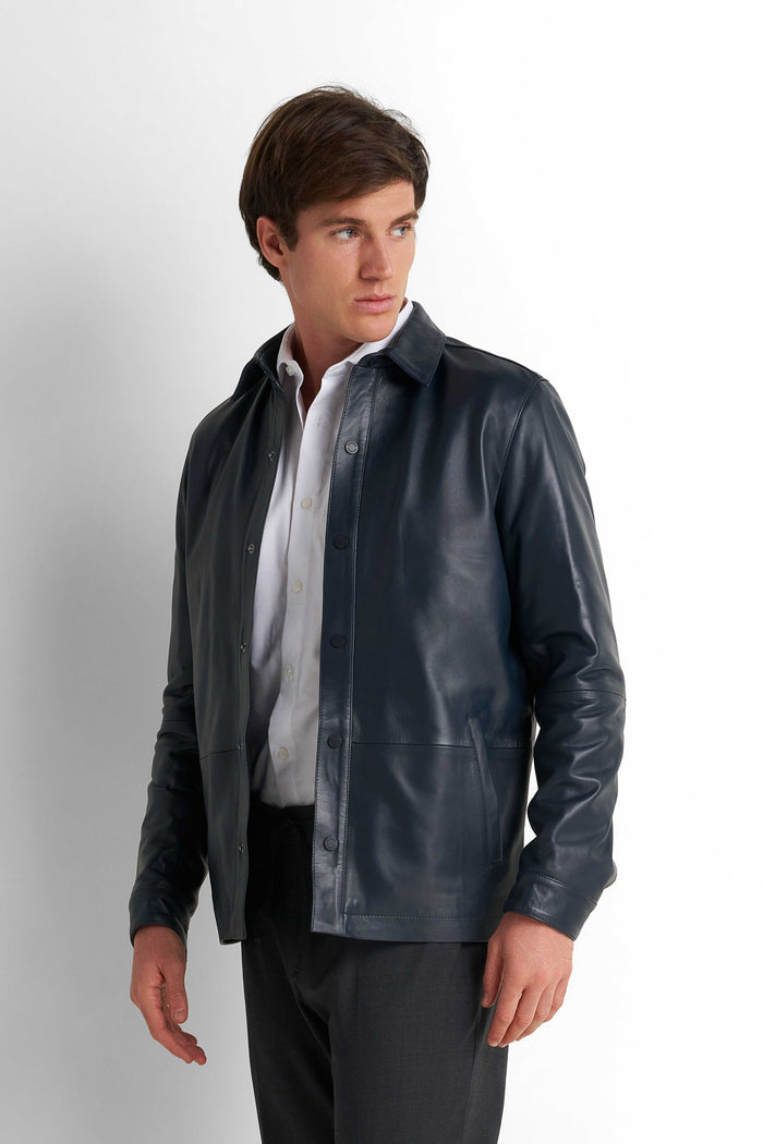 Faux Leather Overshirt - Navy