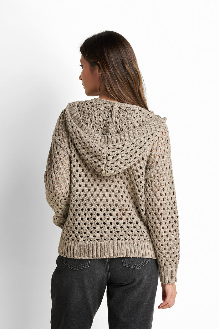 Open-work zip-front knit cardigan