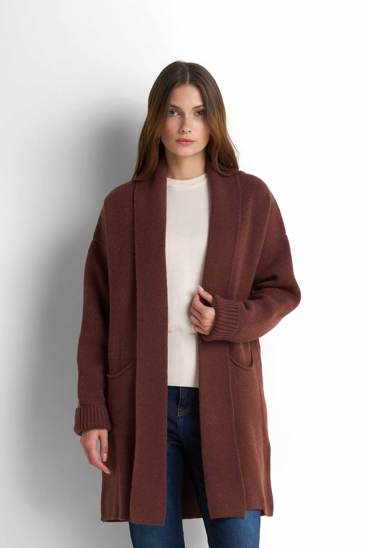 Longline Knit Cardigan - Brown