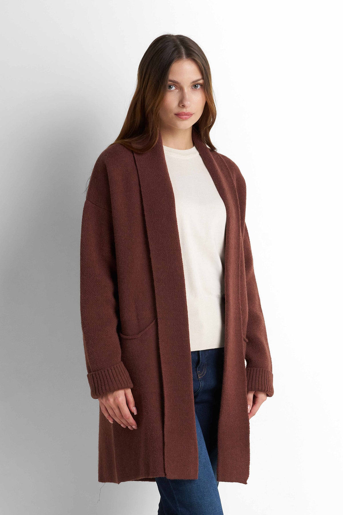 Longline Knit Cardigan - Brown