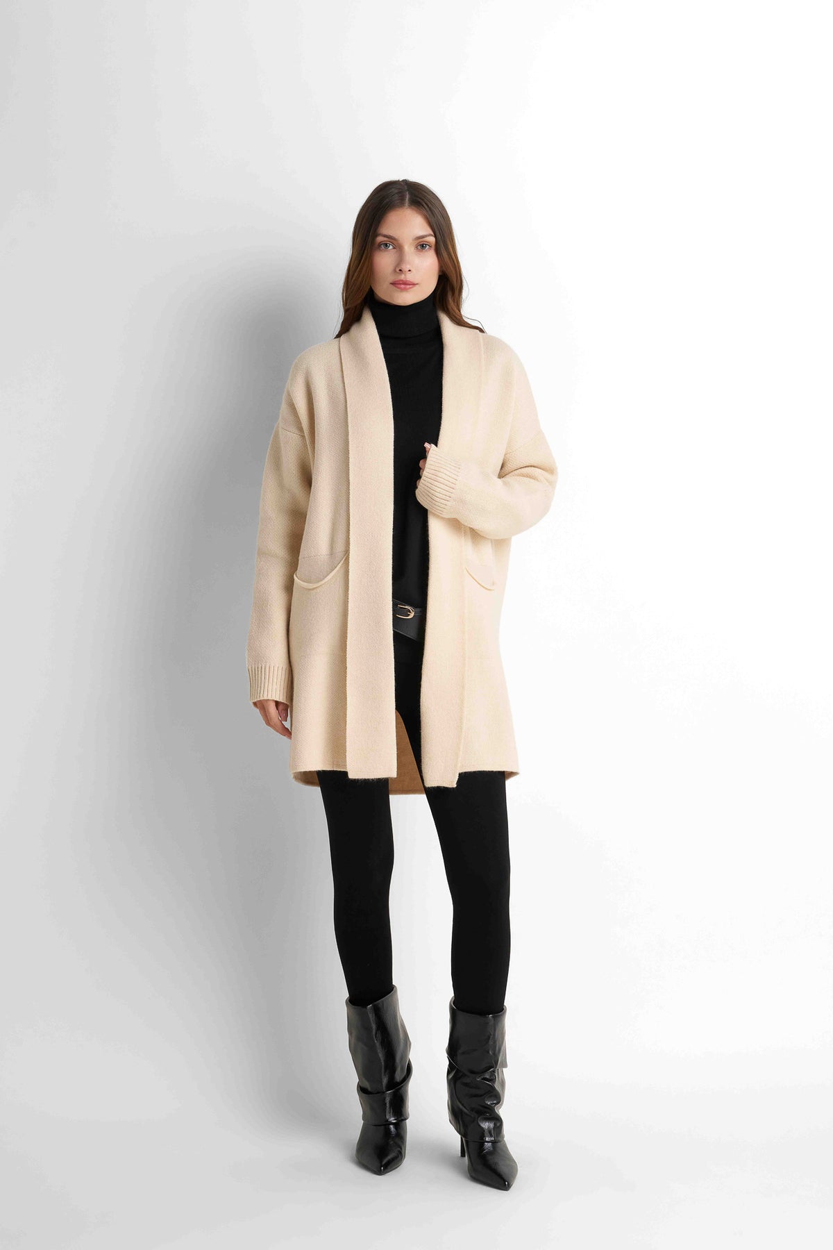 Longline Knit Cardigan - Dark Beige