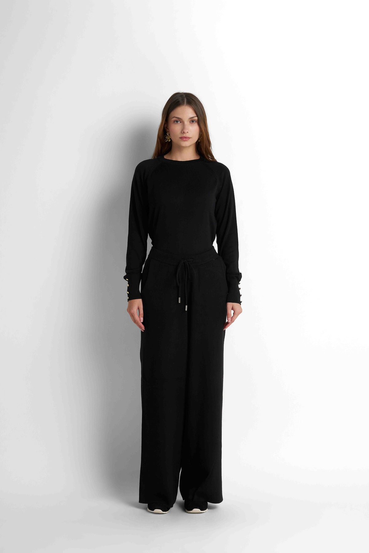Drawstring Wide-Leg Pants - Black