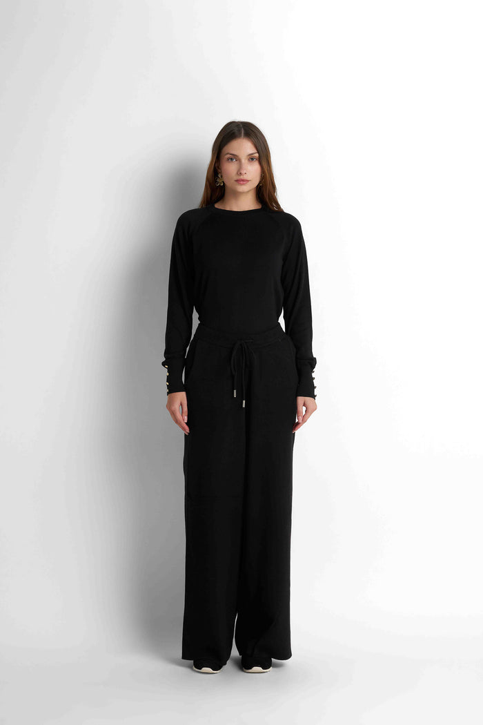 Drawstring Wide-Leg Pants - Black