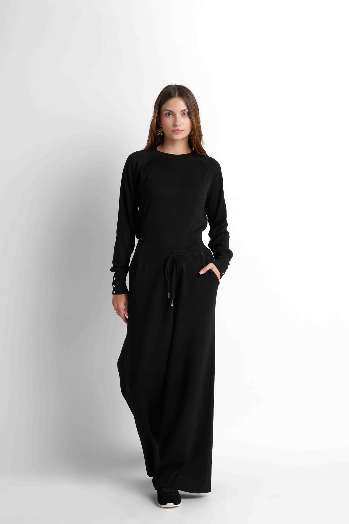 Drawstring Wide-Leg Pants - Black