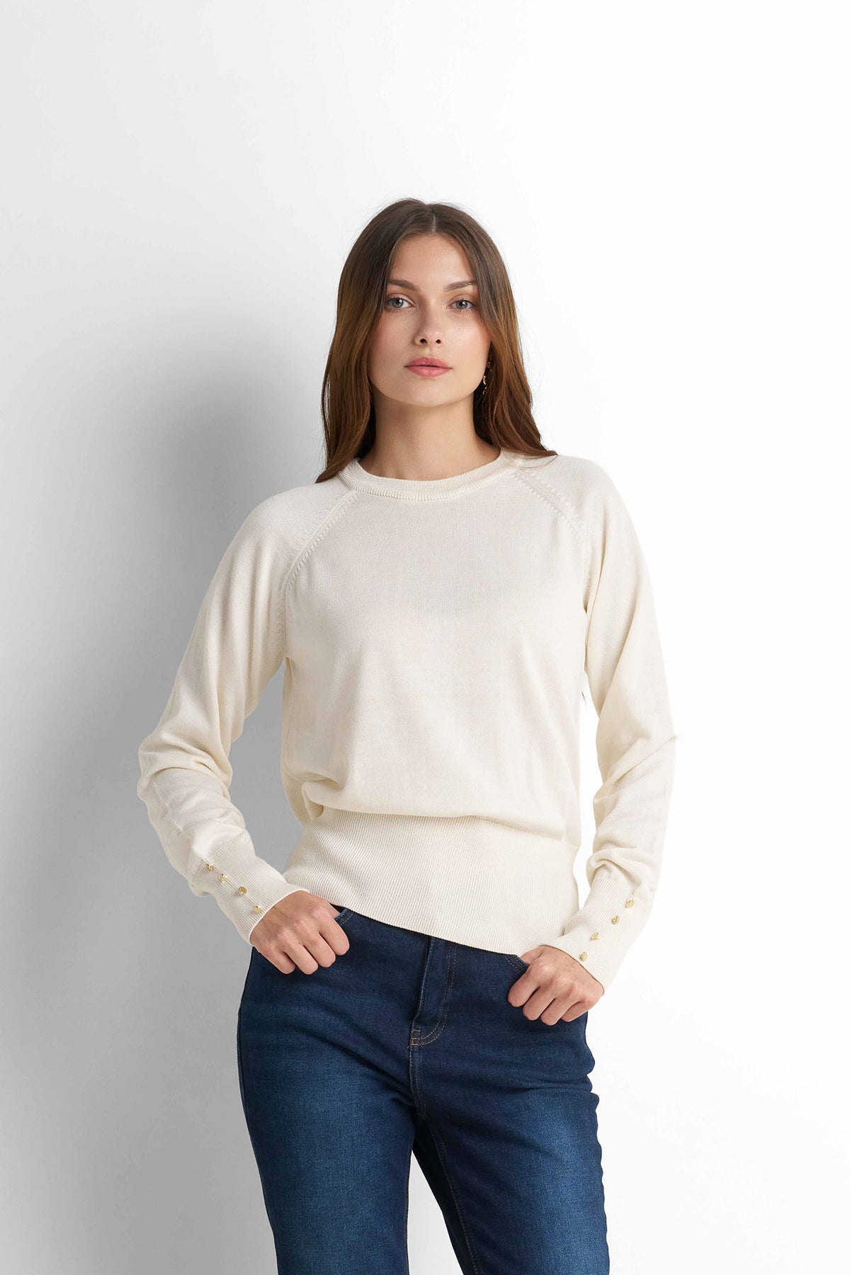 Crew Neck Knit Pullover - Cream