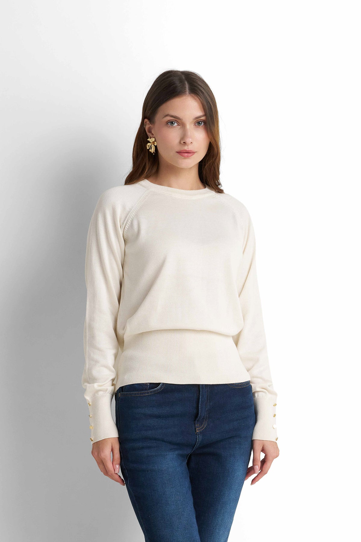 Crew Neck Knit Pullover - Cream