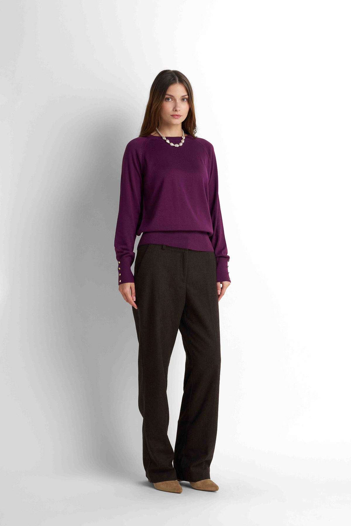 Crew Neck Knit Pullover - Plum