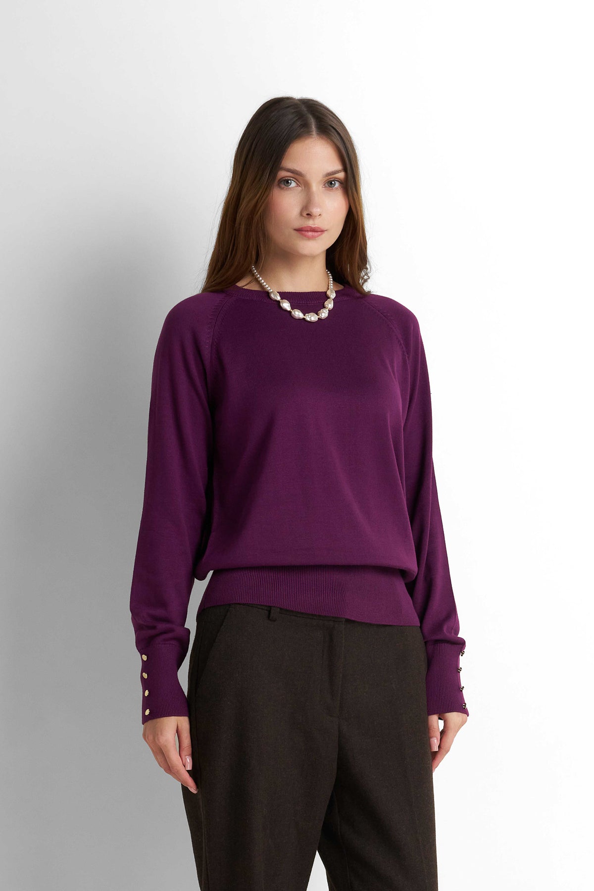 Crew Neck Knit Pullover - Plum