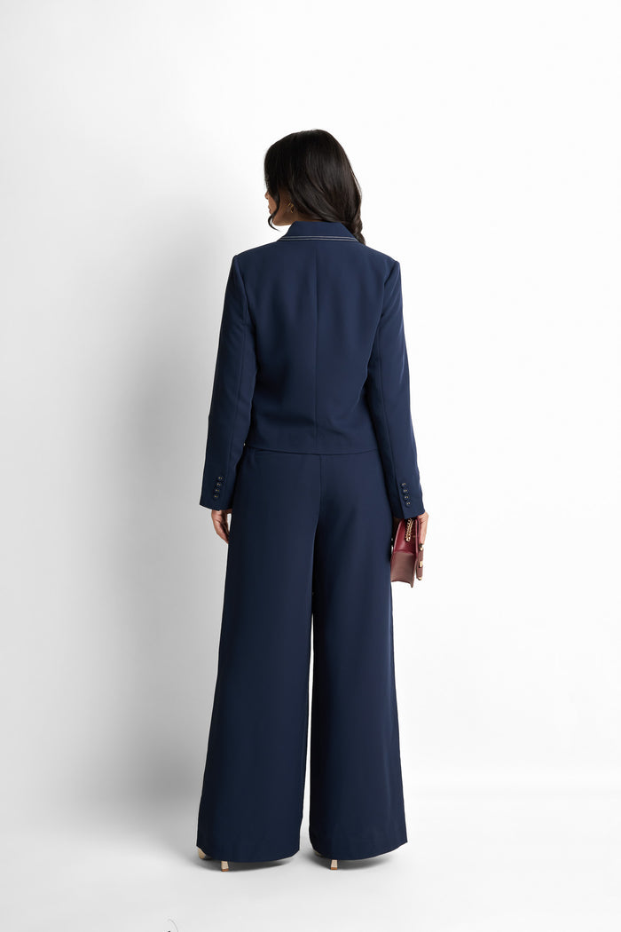 Contrast-stitched double-breasted cropped blazer