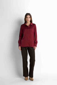 Satin Button-Down Shirt - Burgundy
