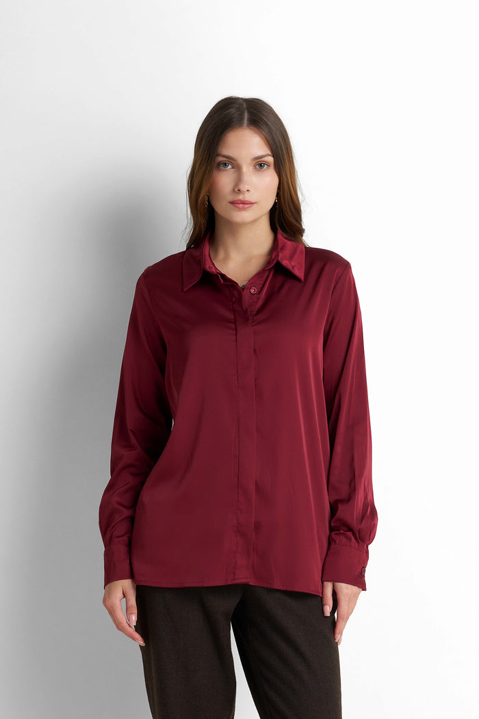 Satin Button-Down Shirt - Burgundy