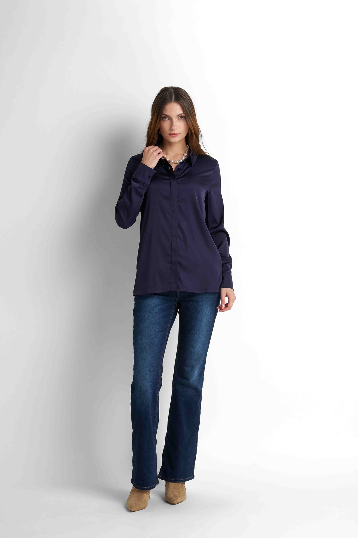 Satin Button-Down Shirt - Navy