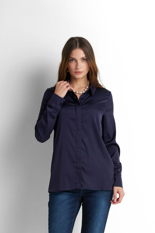 Satin Button-Down Shirt - Navy