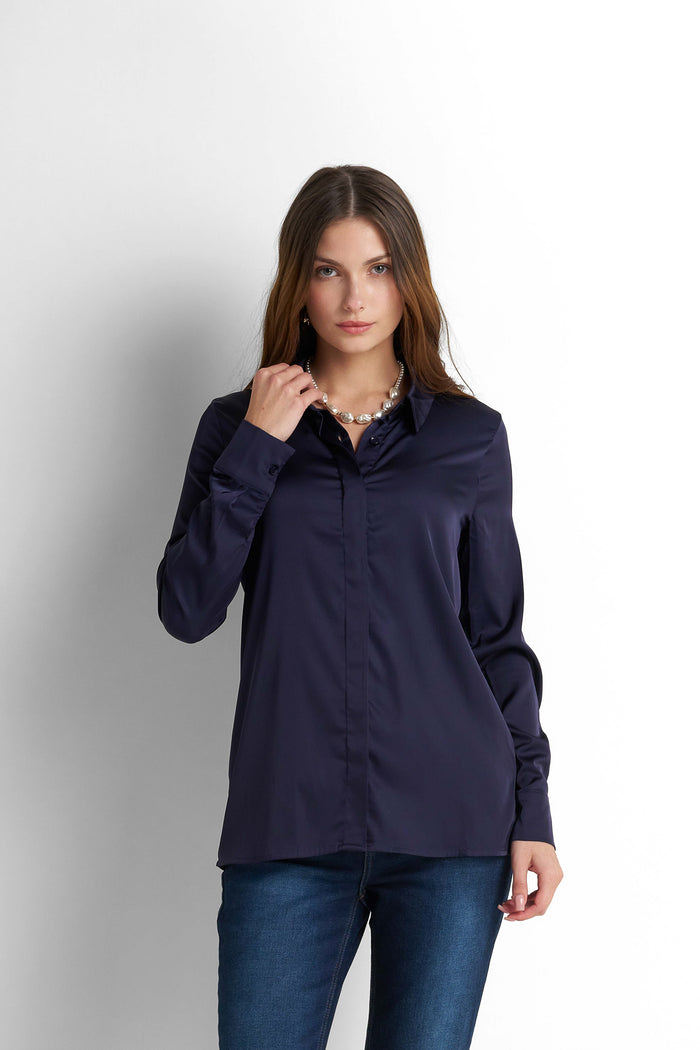 Satin Button-Down Shirt - Navy