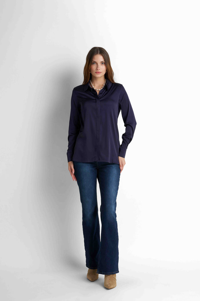 Satin Button-Down Shirt - Navy