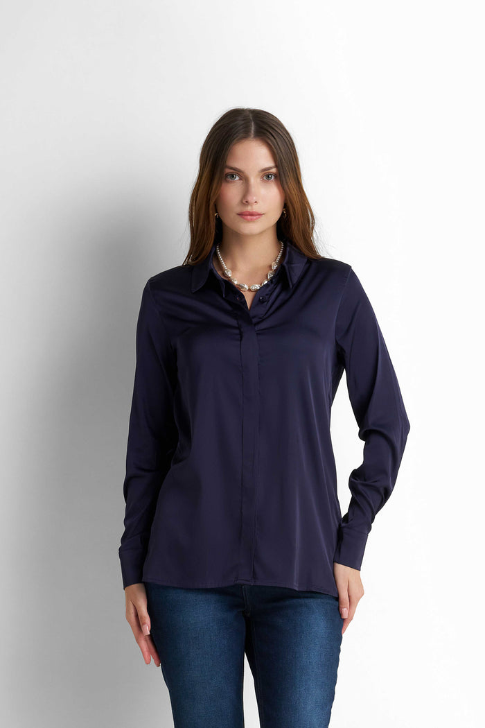 Satin Button-Down Shirt - Navy