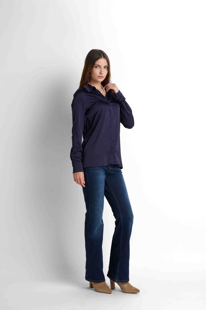 Satin Button-Down Shirt - Navy