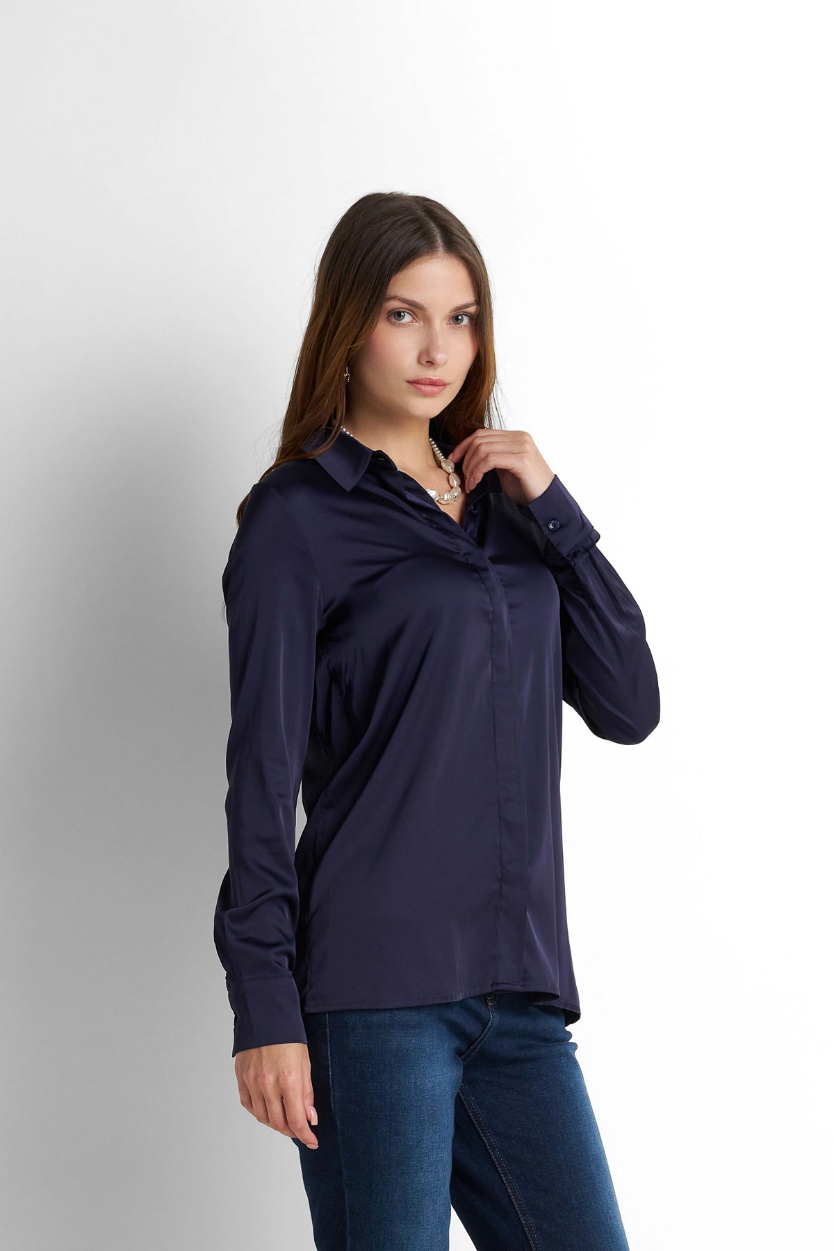 Satin Button-Down Shirt - Navy