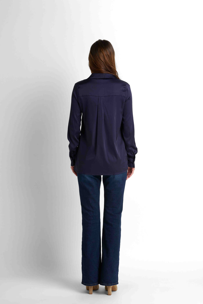 Satin Button-Down Shirt - Navy