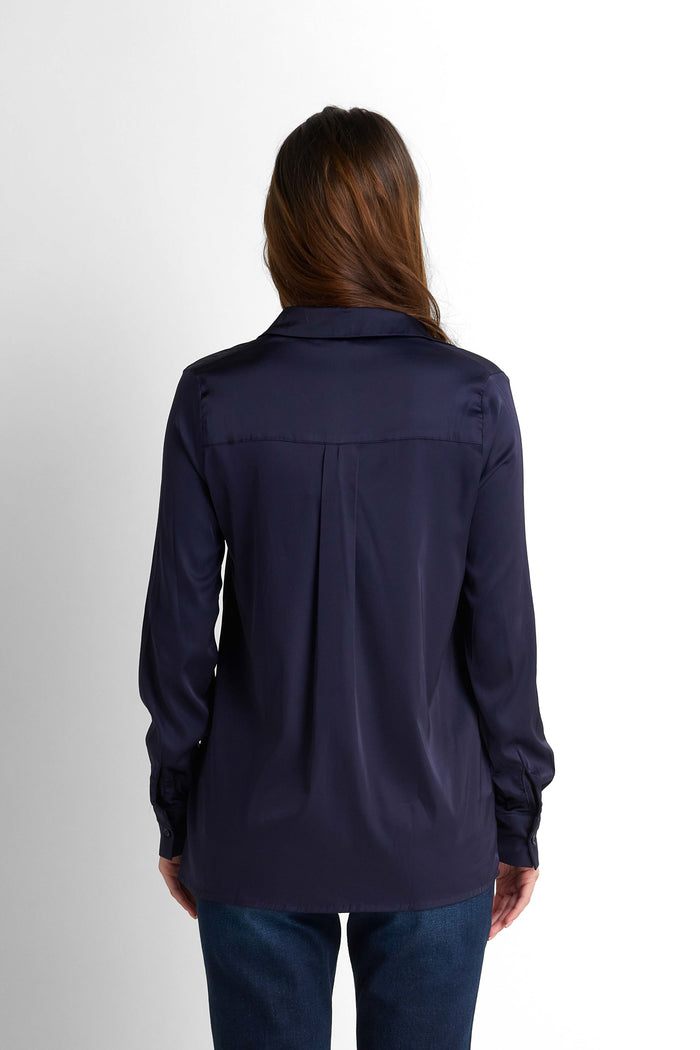 Satin Button-Down Shirt - Navy