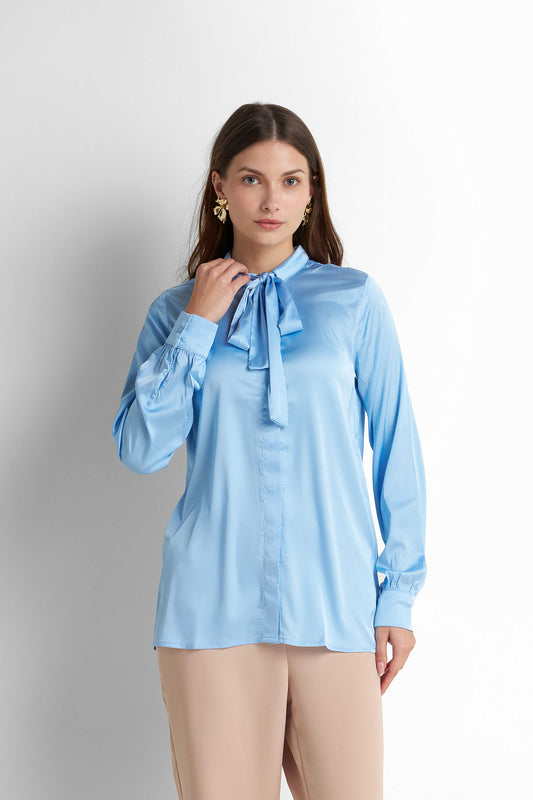 Bow-Neck Satin Shirt - Light Blue