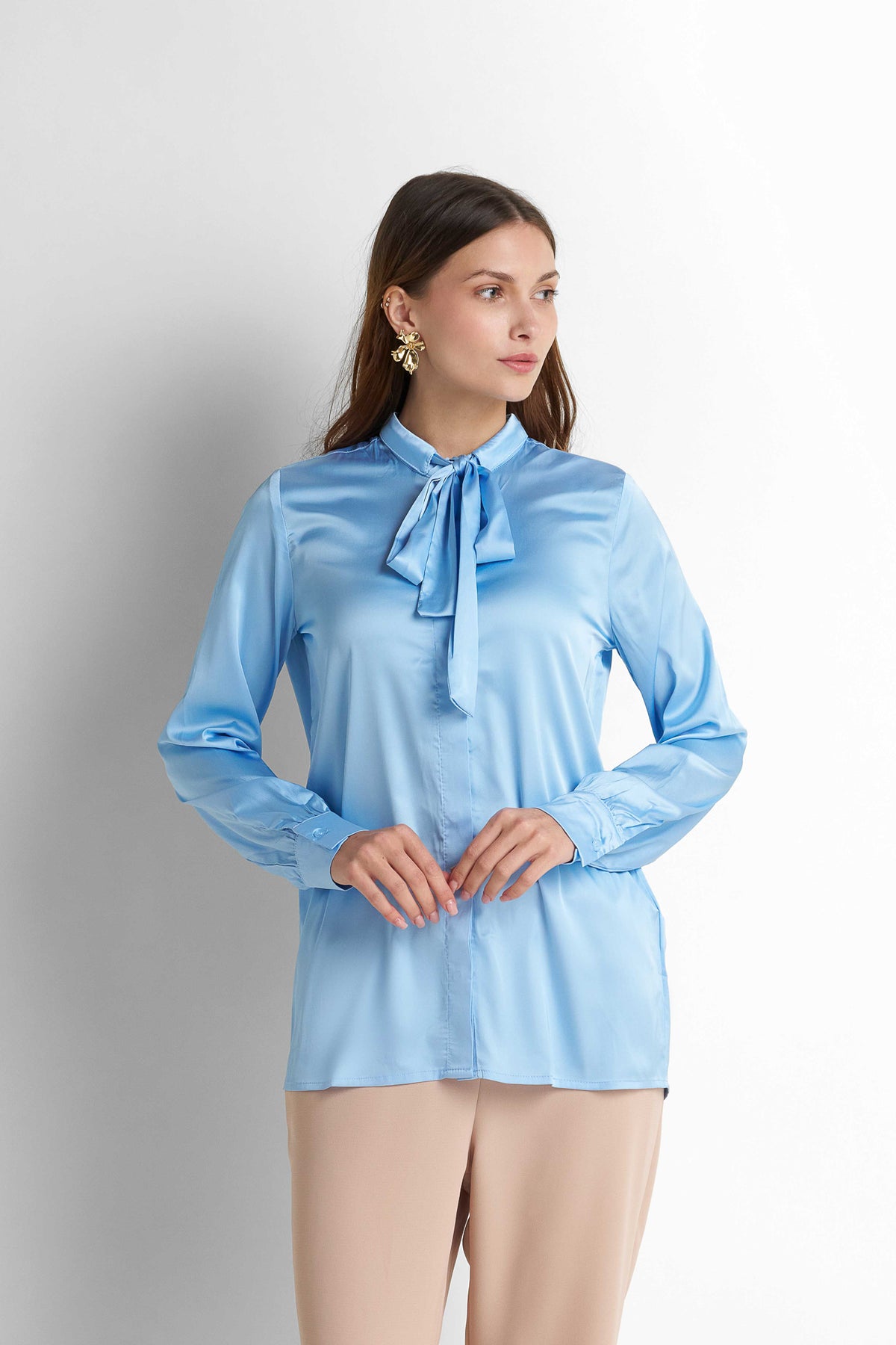 Bow-Neck Satin Shirt - Light Blue