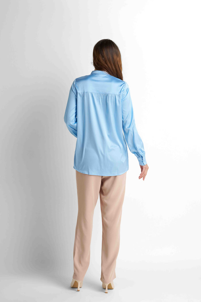Bow-Neck Satin Shirt - Light Blue