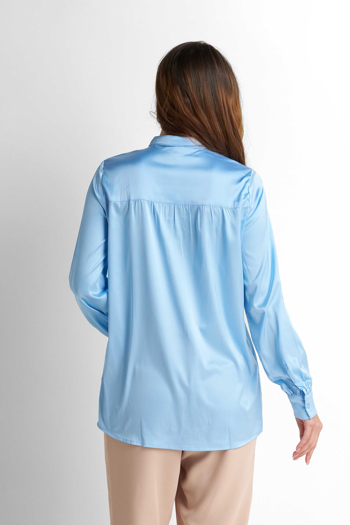 Bow-Neck Satin Shirt - Light Blue