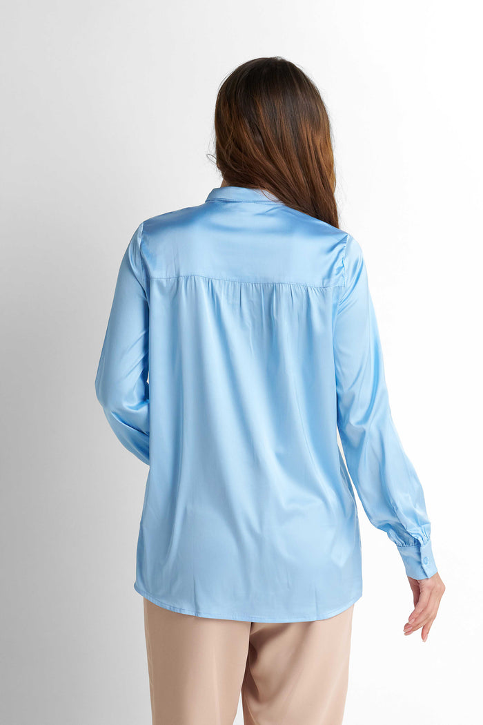 Bow-Neck Satin Shirt - Light Blue