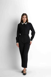 Contrast-Piped Point-Collar Blouse - Black