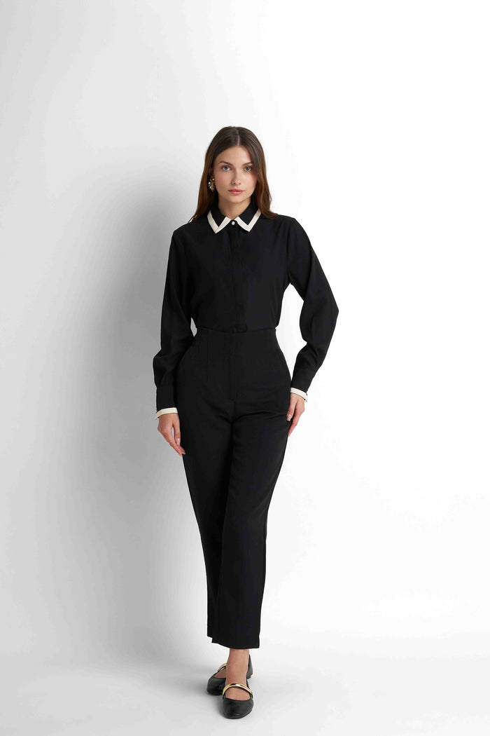 Contrast-Piped Point-Collar Blouse - Black