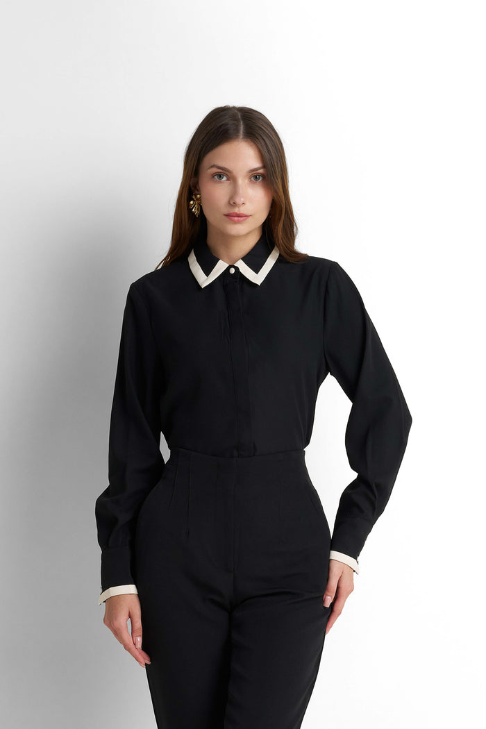 Contrast-Piped Point-Collar Blouse - Black