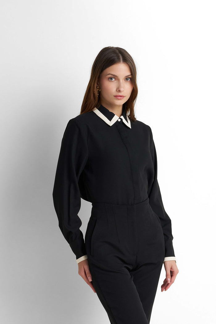 Contrast-Piped Point-Collar Blouse - Black