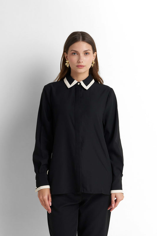 Contrast-Piped Point-Collar Blouse - Black
