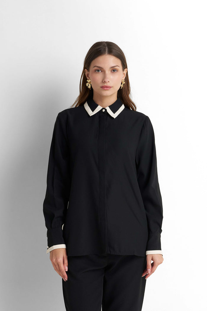 Contrast-Piped Point-Collar Blouse - Black