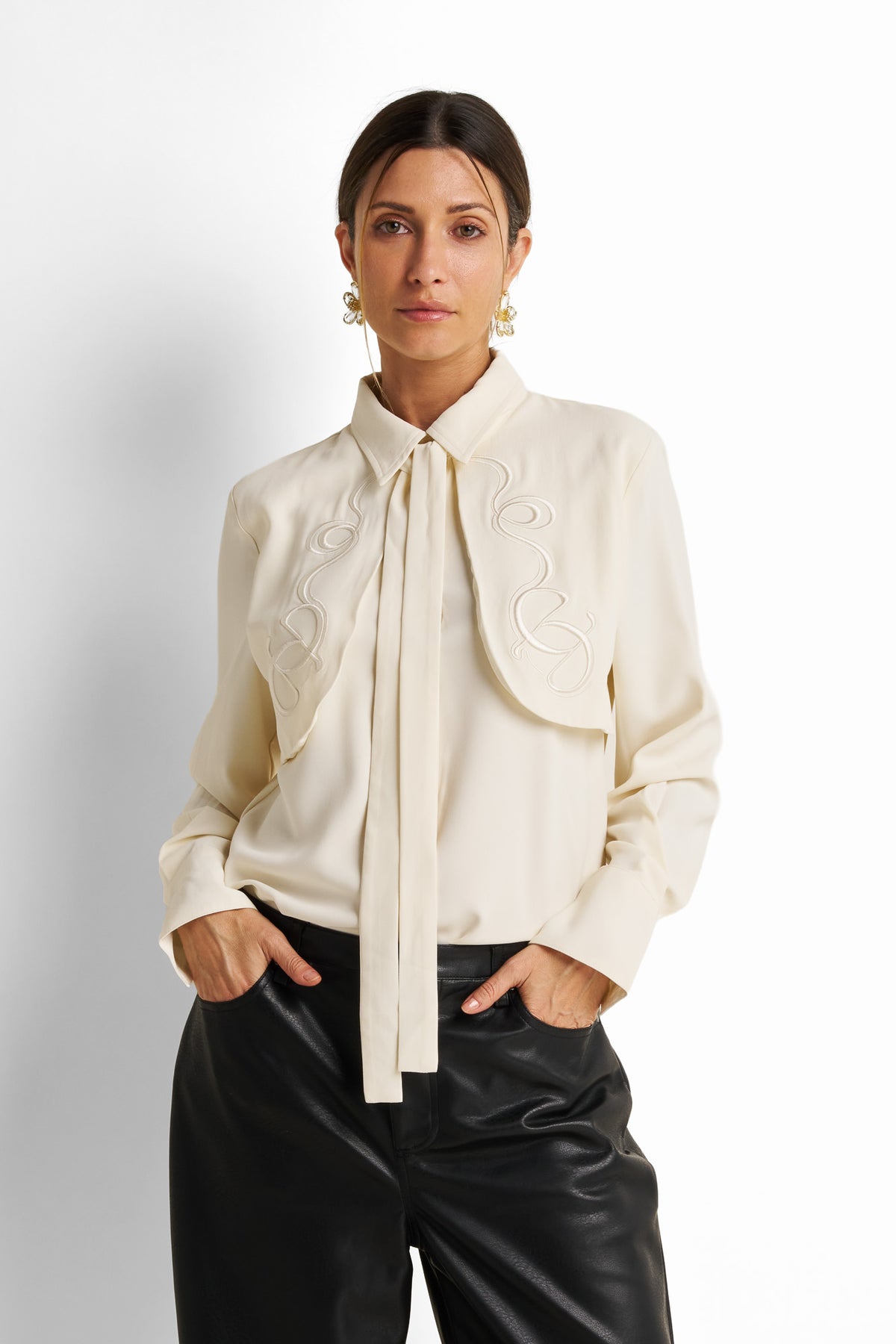 Embroidered yoke tie-neck blouse