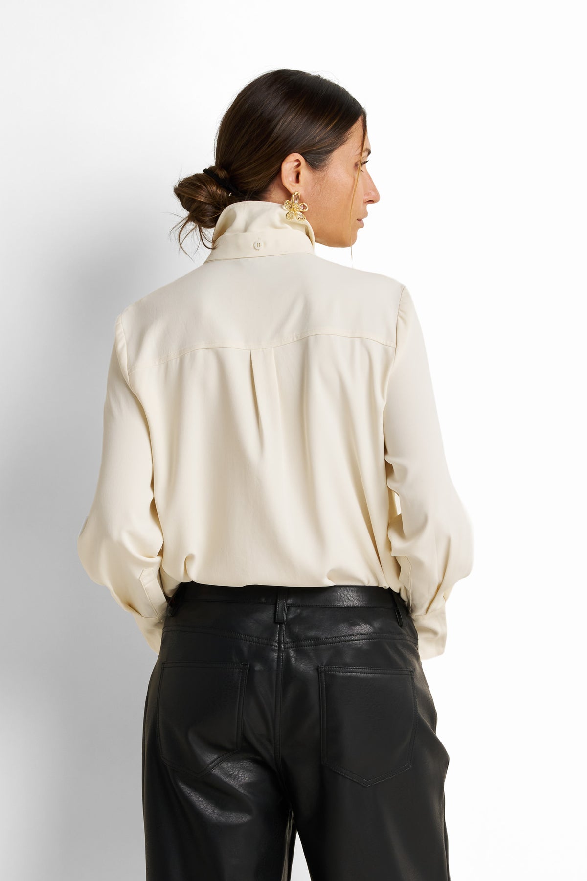 Embroidered yoke tie-neck blouse