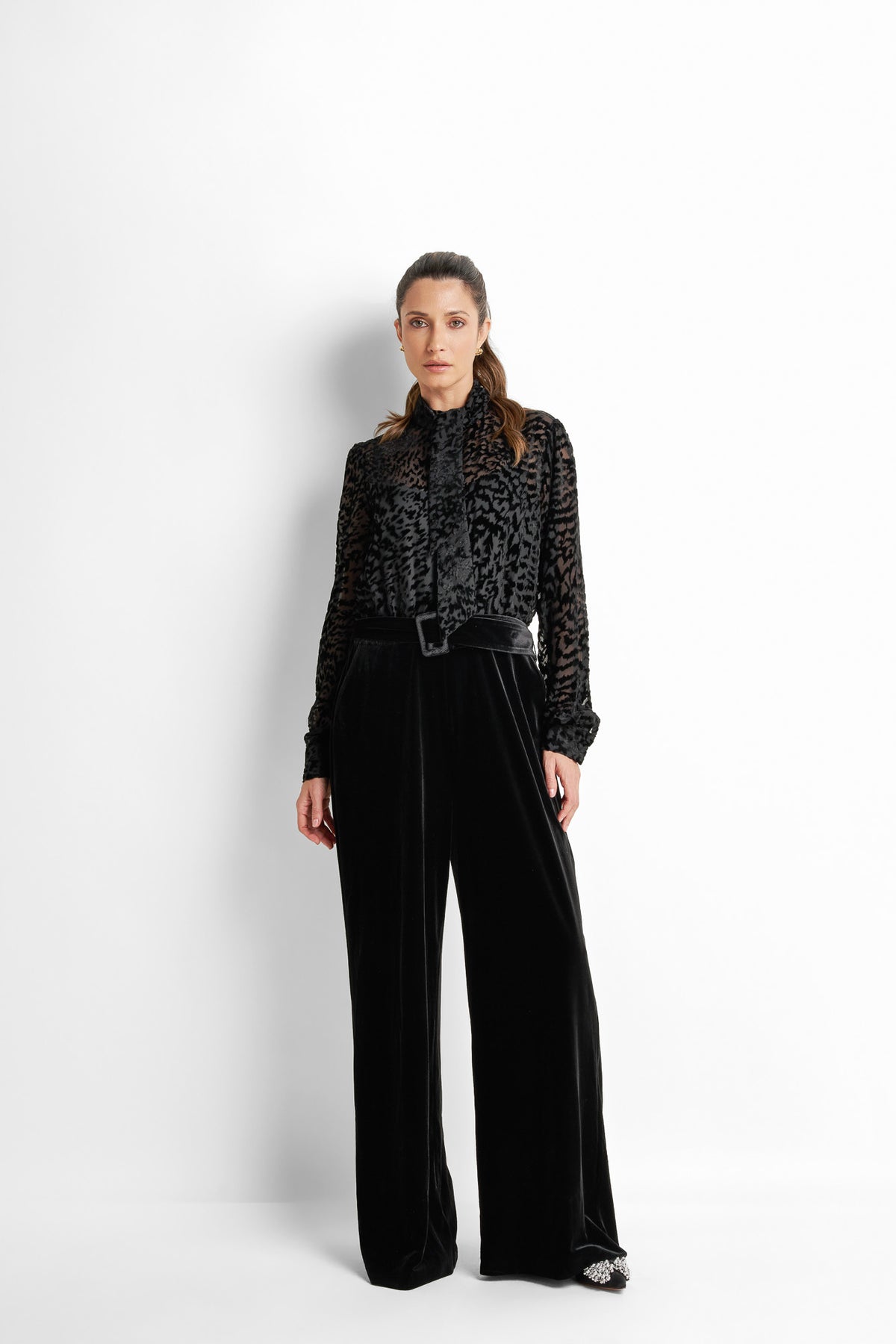 Velvet burout neck-tie wide-leg jumpsuit