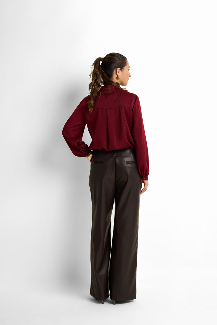 Wide-leg front-seam faux-leather trousers