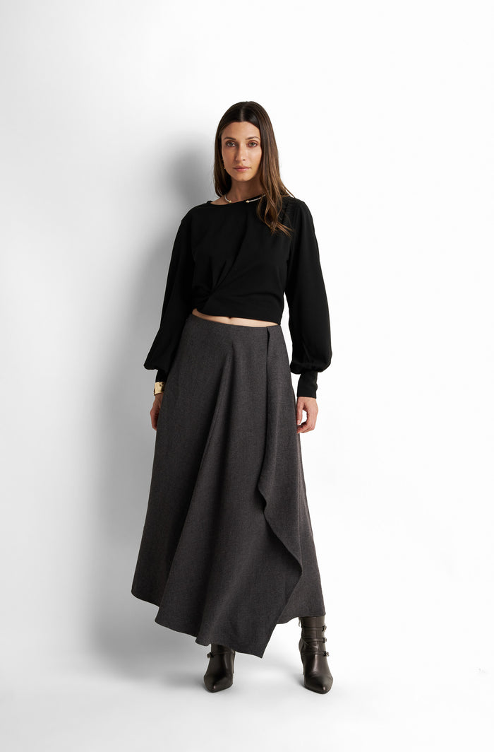 Asymmetric draped wool-blend maxi skirt