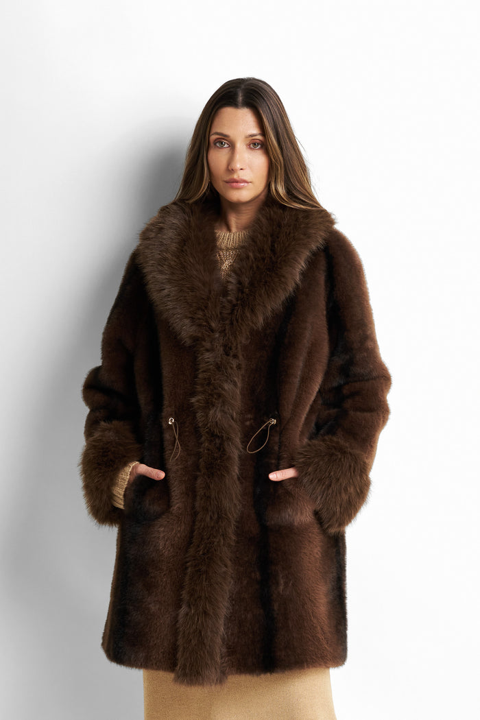 Plush faux-fur cinch-waist midi coat