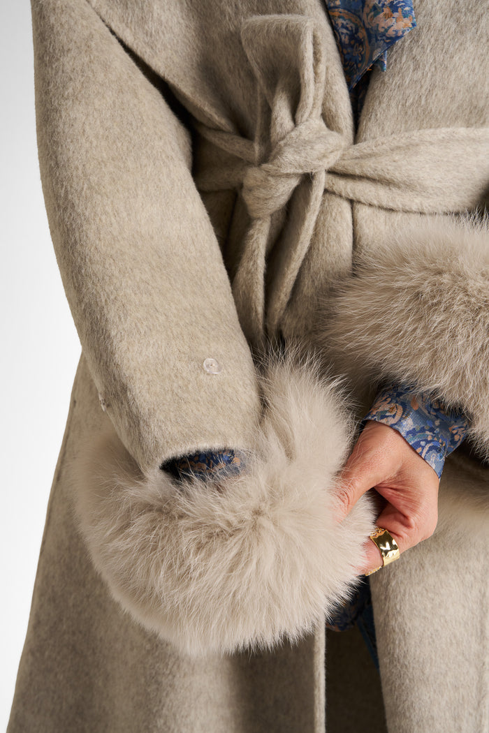 Faux-fur cuff belted shawl-collar wrap coat