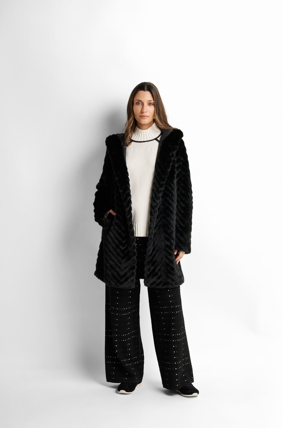 Textured faux-fur belted coat