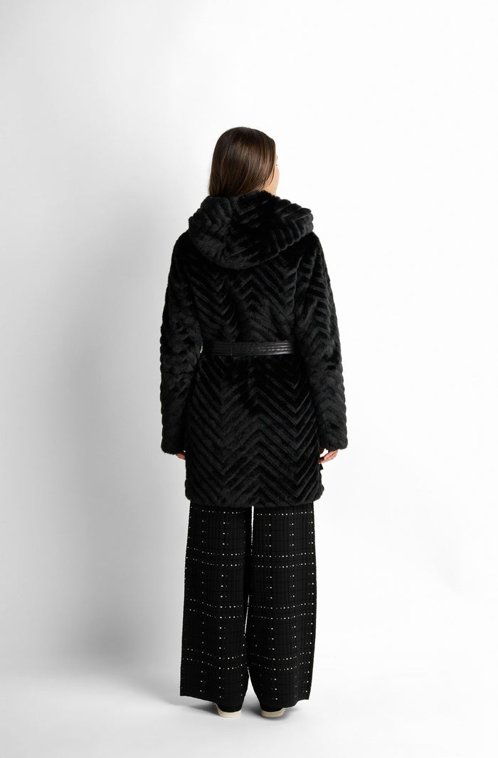 Textured faux-fur belted coat