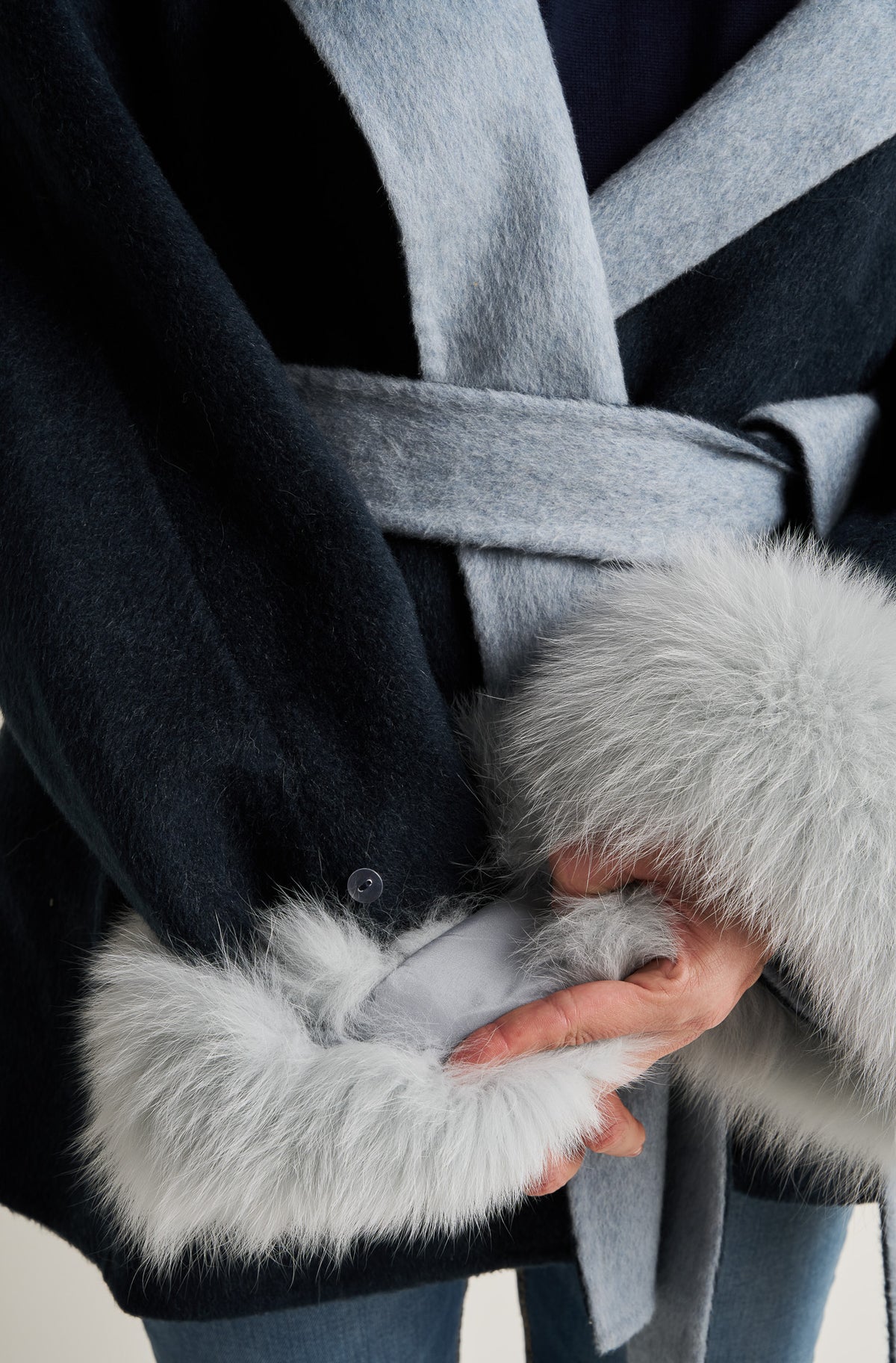 Two-tone faux-fur trim hooded wrap coat