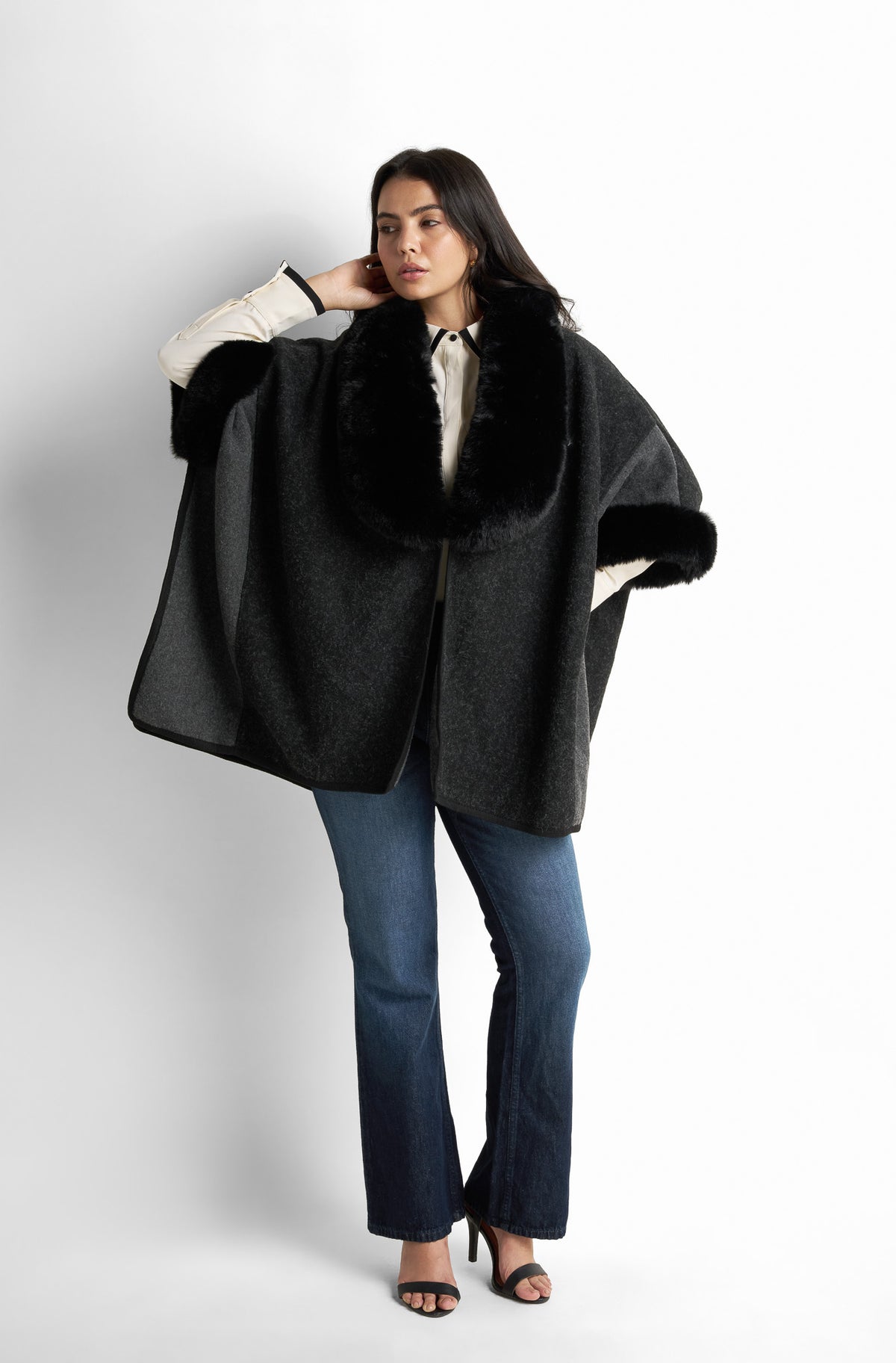 Real-fur trim poncho