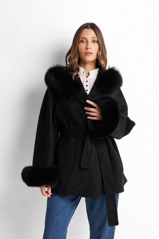 Hooded genuine fur trimmed coat