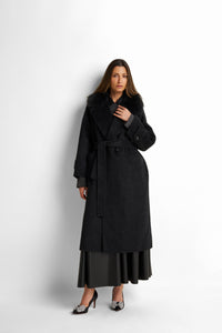Genuine -fur collar belted wrap long coat