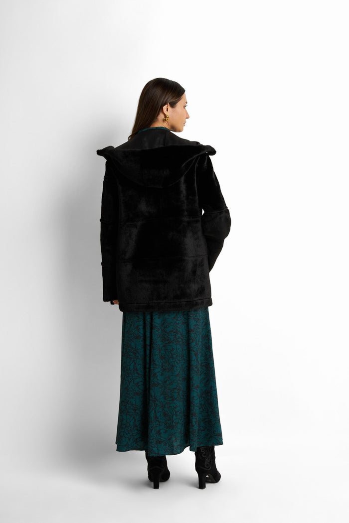 Hooded faux-shearling panelled coat